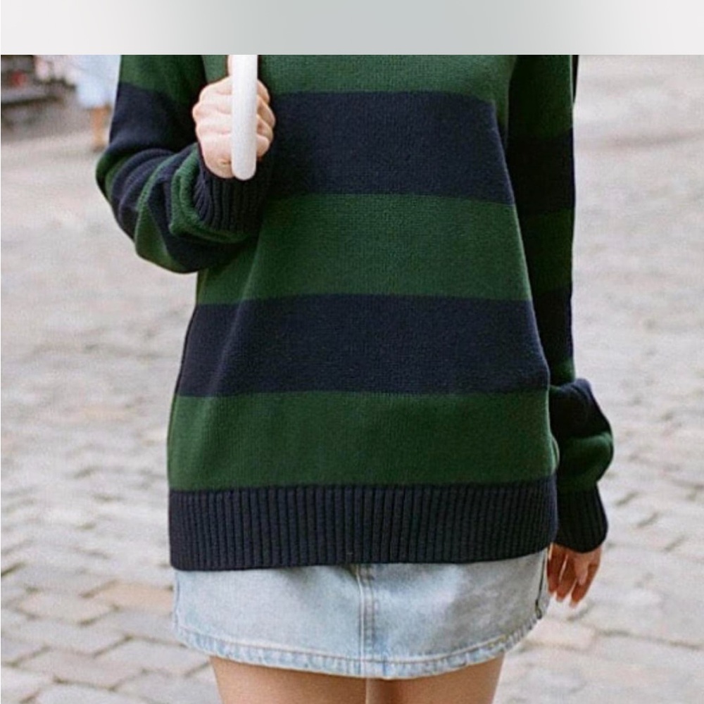 Brandy Melville Striped Green and Navy Women's Sweater